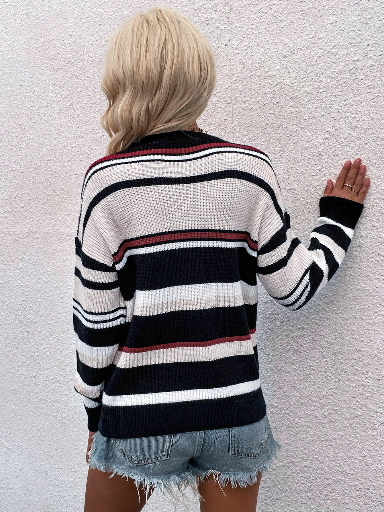 Striped Drop Shoulder Round Neck Pullover Sweater king-general-store-5710.myshopify.com