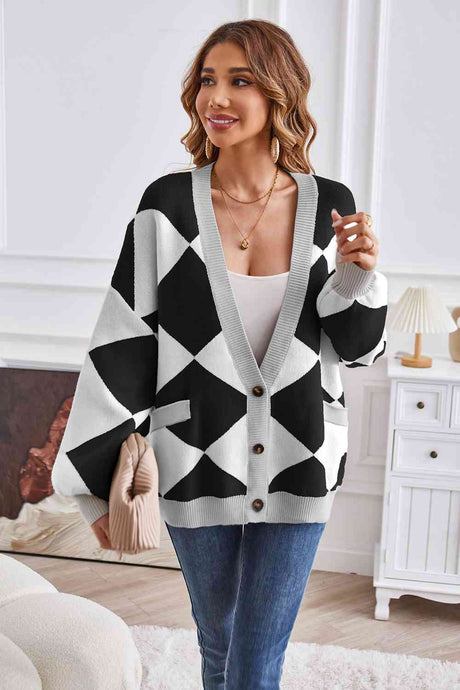 Geometric Lantern Sleeve Cardigan with Pockets king-general-store-5710.myshopify.com