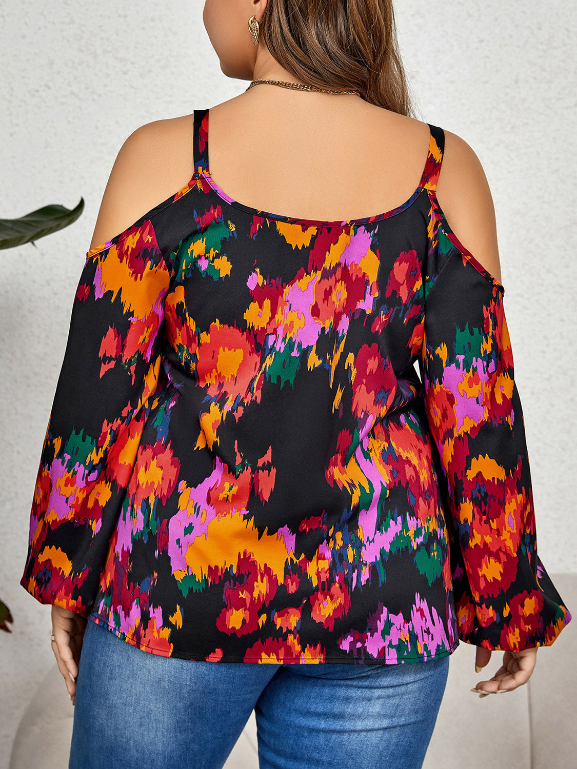 Plus Size Printed Cold Shoulder Long Sleeve Blouse king-general-store-5710.myshopify.com