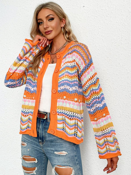 Chevron Stripes Openwork Cardigan king-general-store-5710.myshopify.com