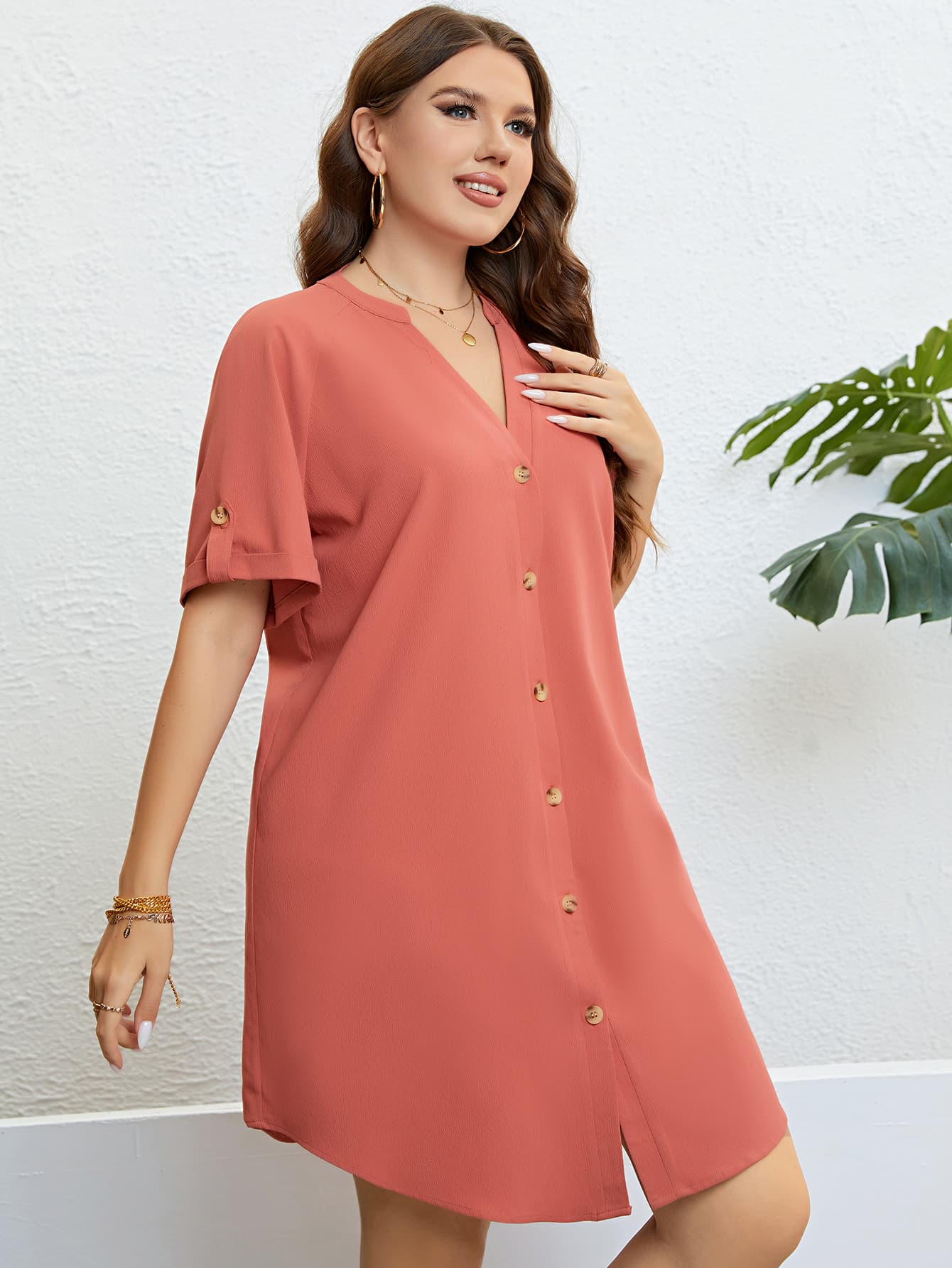 Plus Size Buttoned Notched Neck Shift Dress king-general-store-5710.myshopify.com