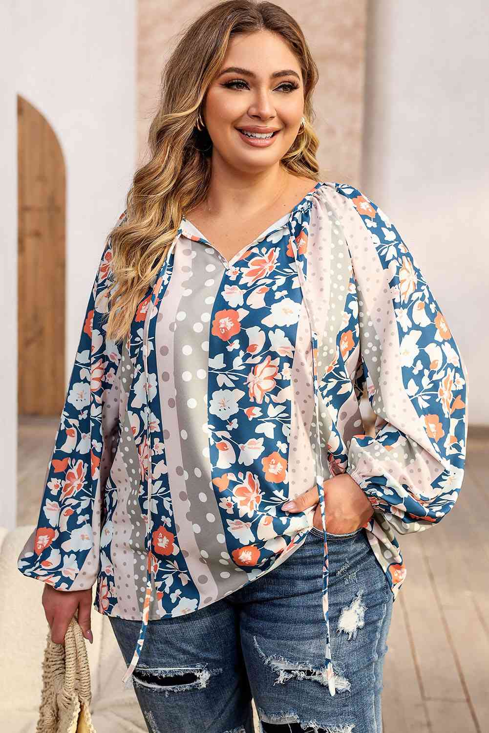 Plus Size Floral Tie Neck Blouse king-general-store-5710.myshopify.com