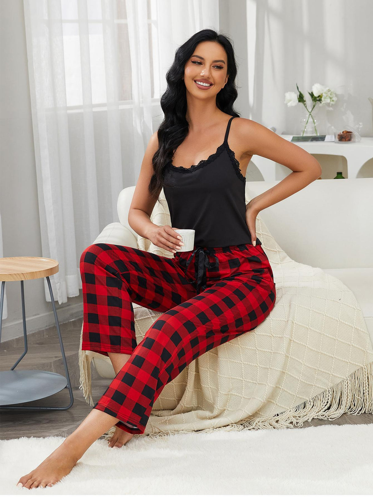 Lace Trim Cami and Plaid Pants Lounge Set king-general-store-5710.myshopify.com