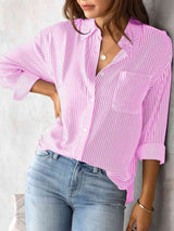 Striped Collared Neck Shirt with Pocket king-general-store-5710.myshopify.com