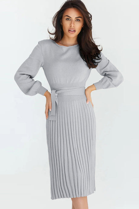 Round Neck Long Sleeve Pleated Sweater Dress king-general-store-5710.myshopify.com