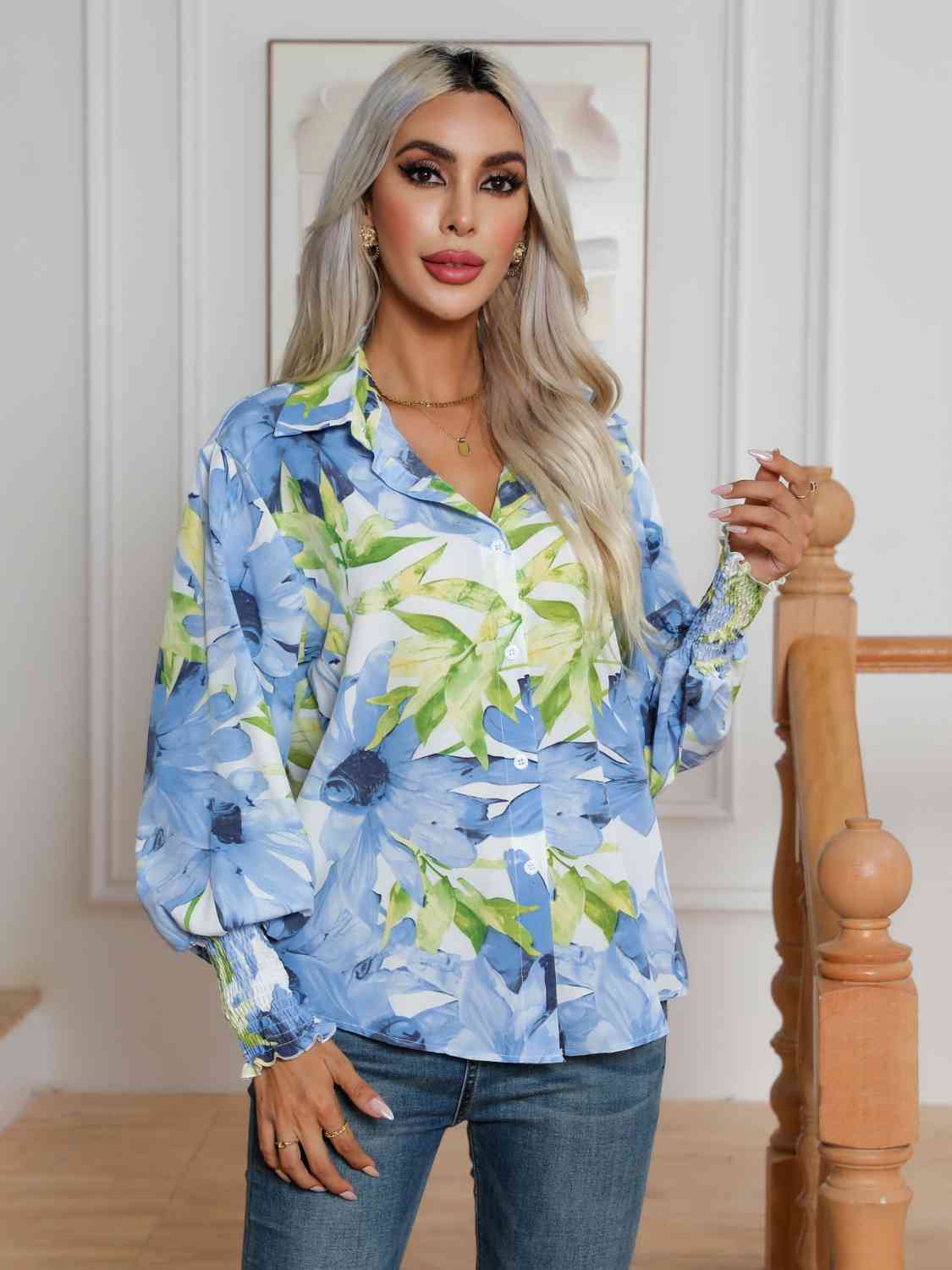 Floral Collared Neck Buttoned Shirt king-general-store-5710.myshopify.com