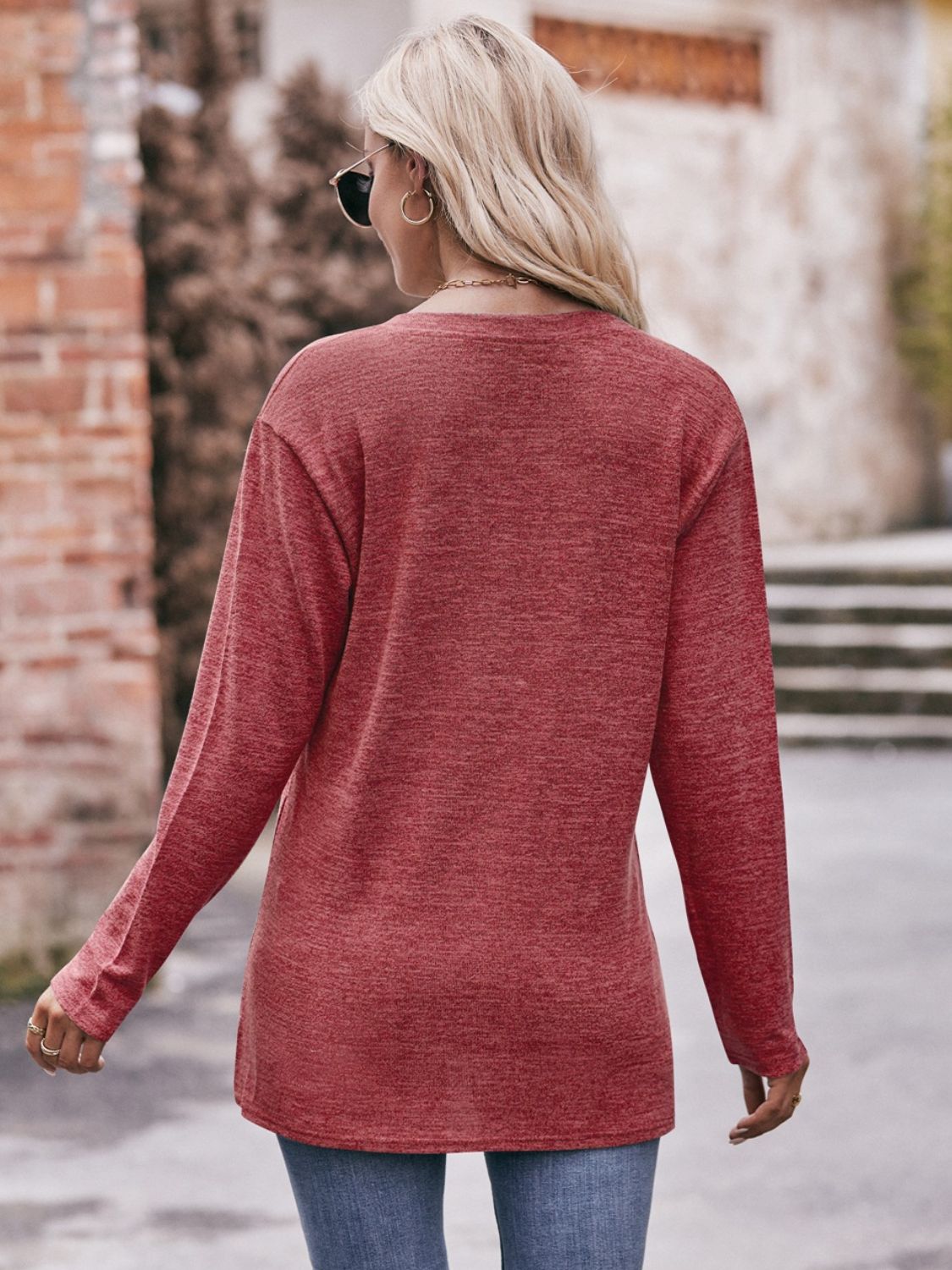 Buttoned Notched Neck Long Sleeve Top king-general-store-5710.myshopify.com