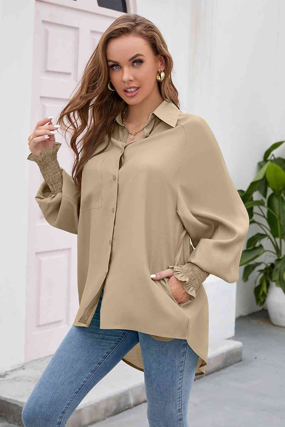 High-Low Collared Neck Lantern Sleeve Shirt king-general-store-5710.myshopify.com