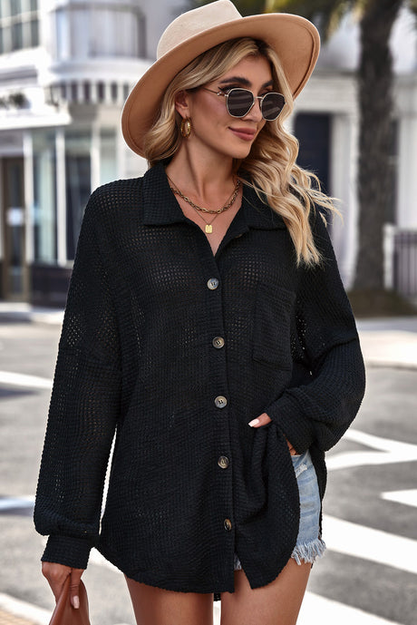 Waffle-knit Collared Neck Dropped Shoulder Shirt king-general-store-5710.myshopify.com