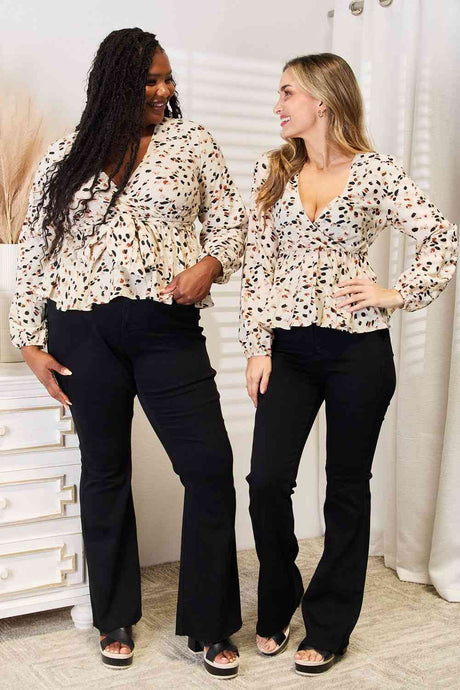 Double Take Printed Tied Plunge Peplum Blouse king-general-store-5710.myshopify.com