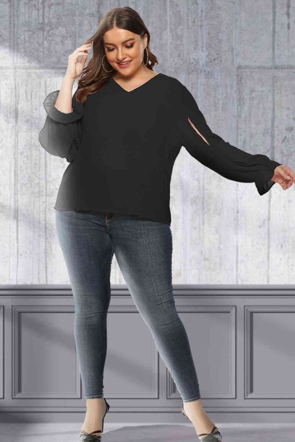 Plus Size Cutout Flounce Sleeve Blouse king-general-store-5710.myshopify.com