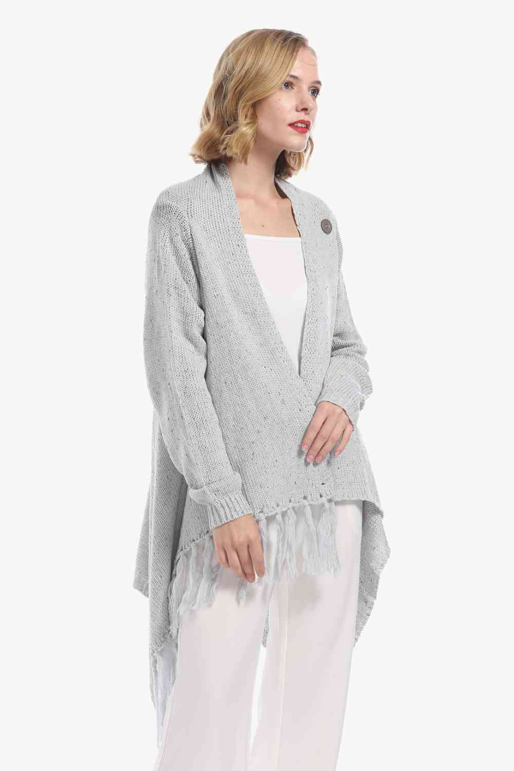 One-Button Tassel Tie Asymmetrical Hem Cardigan king-general-store-5710.myshopify.com