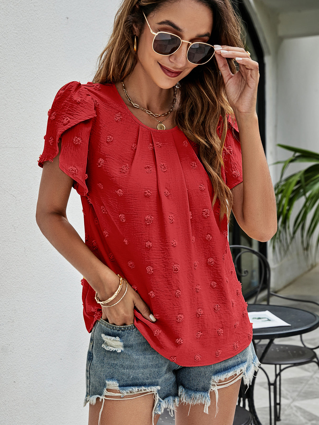 Swiss Dot Round Neck Petal Sleeve Top king-general-store-5710.myshopify.com