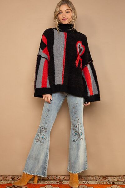 POL Turtleneck Color Block Fringe Detail Sweater king-general-store-5710.myshopify.com