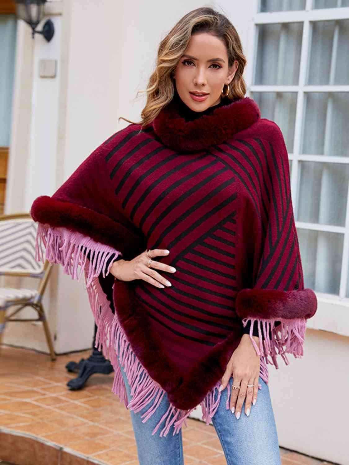 Striped Fringe Hem Poncho king-general-store-5710.myshopify.com