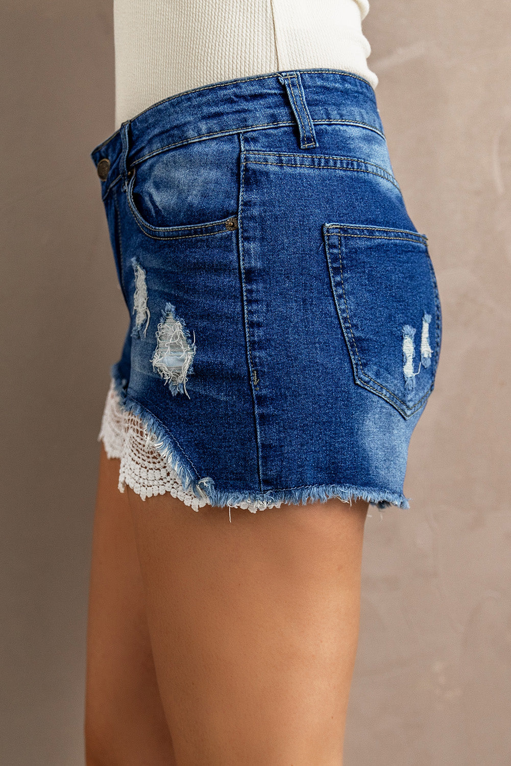 Spliced Lace Distressed Denim Shorts king-general-store-5710.myshopify.com