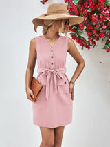 Buttoned V-Neck Belted Sleeveless Dress king-general-store-5710.myshopify.com