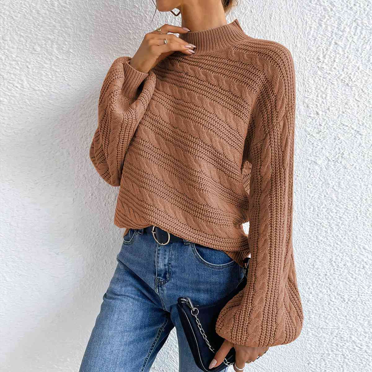 Cable-Knit Mock Neck  Long Sleeve Sweater king-general-store-5710.myshopify.com