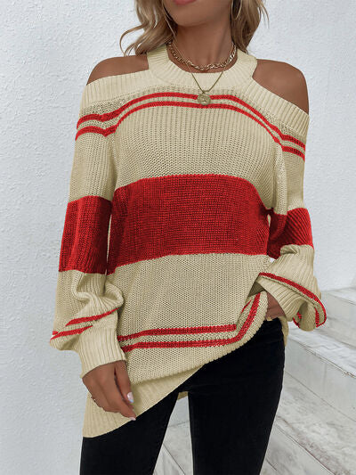 Color Block Striped Cold Shoulder Sweater king-general-store-5710.myshopify.com