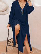 Plus Size Tie Neck Long Sleeve Slit Dress king-general-store-5710.myshopify.com