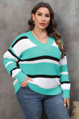 Plus Size Striped V-Neck Dropped Shoulder Sweater king-general-store-5710.myshopify.com