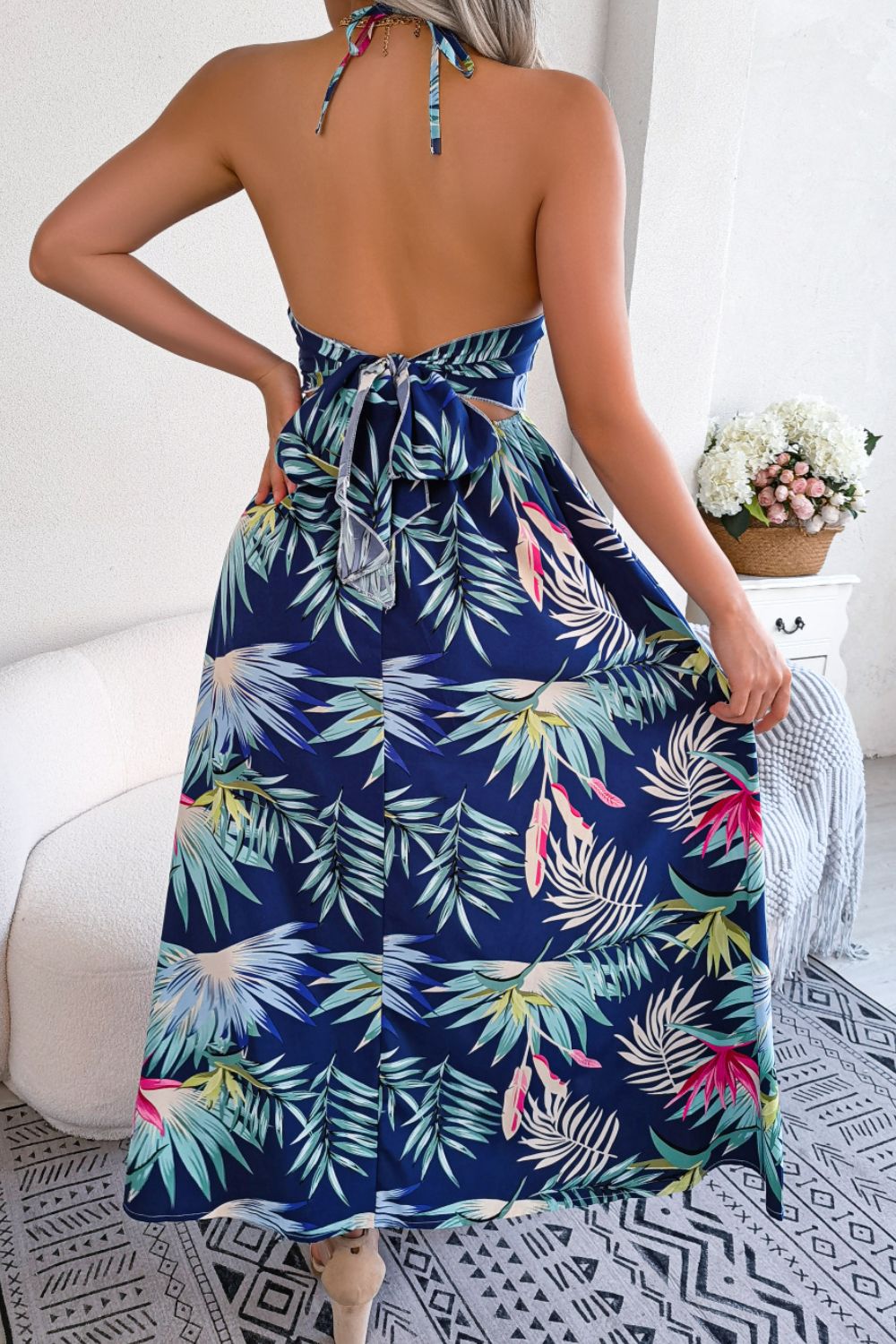 Botanical Print Tied Backless Cutout Slit Dress king-general-store-5710.myshopify.com