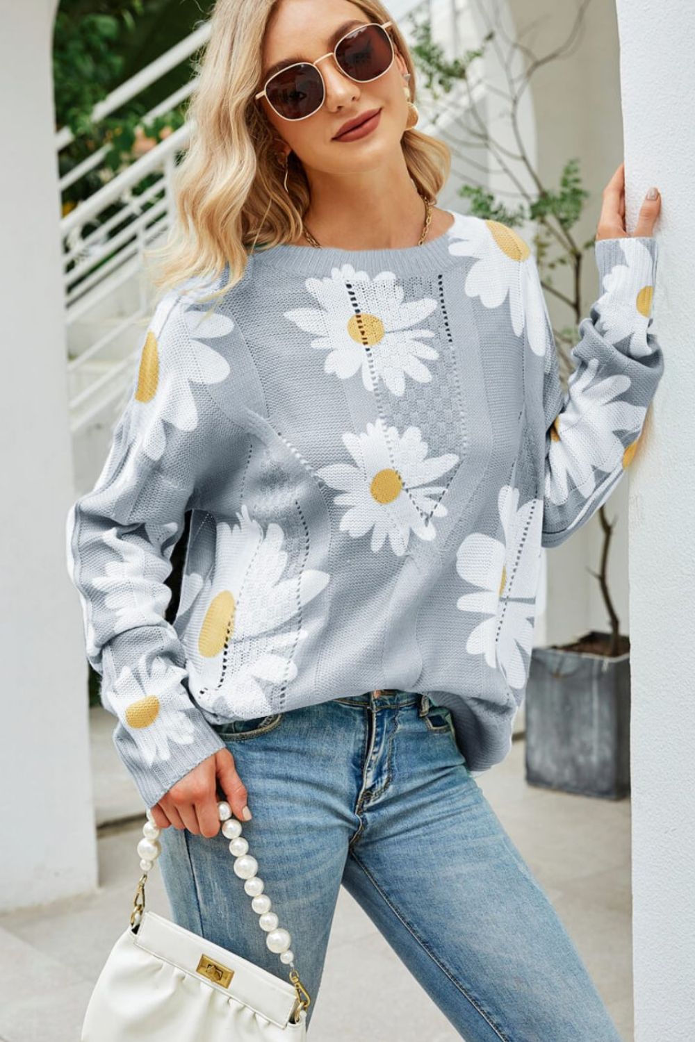 Daisy Print Openwork Round Neck Sweater king-general-store-5710.myshopify.com