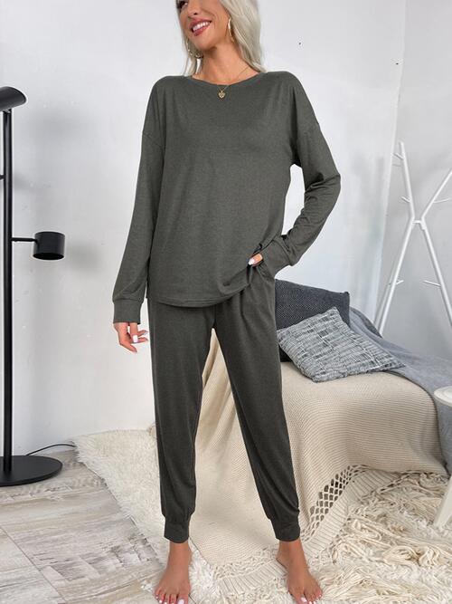 Round Neck Top and Drawstring Pants Lounge Set king-general-store-5710.myshopify.com