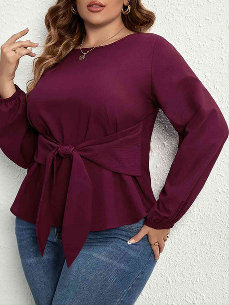 Plus Size Tie Front Long Sleeve Blouse king-general-store-5710.myshopify.com