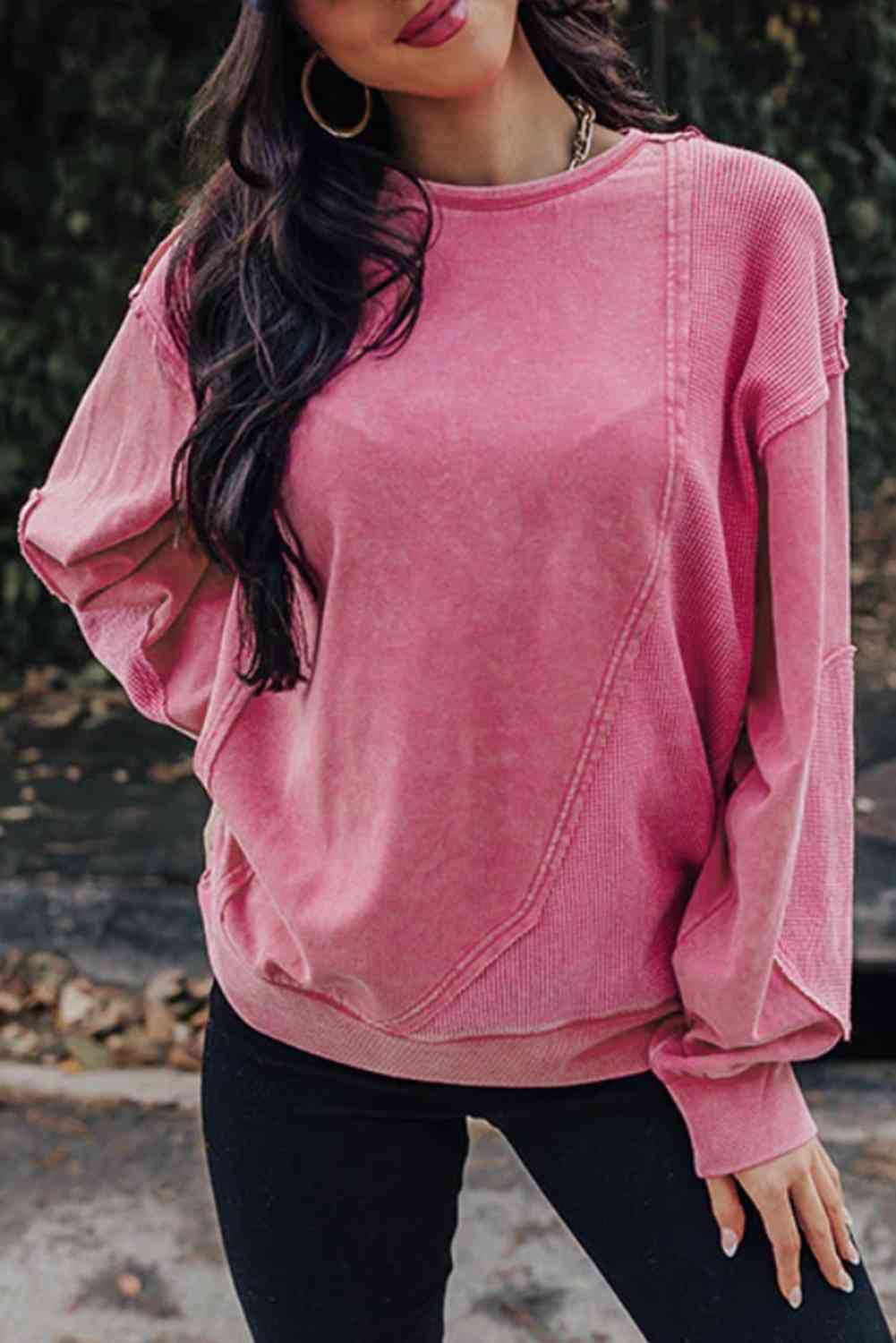 Exposed Seam Round Neck Long Sleeve Sweatshirt king-general-store-5710.myshopify.com