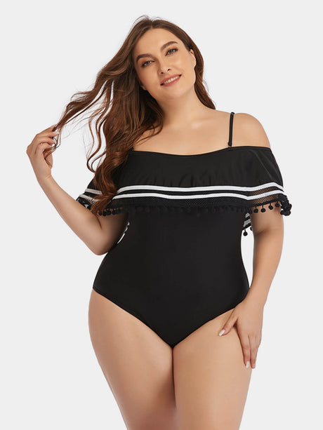 Plus Size Striped Cold-Shoulder One-Piece Swimsuit king-general-store-5710.myshopify.com