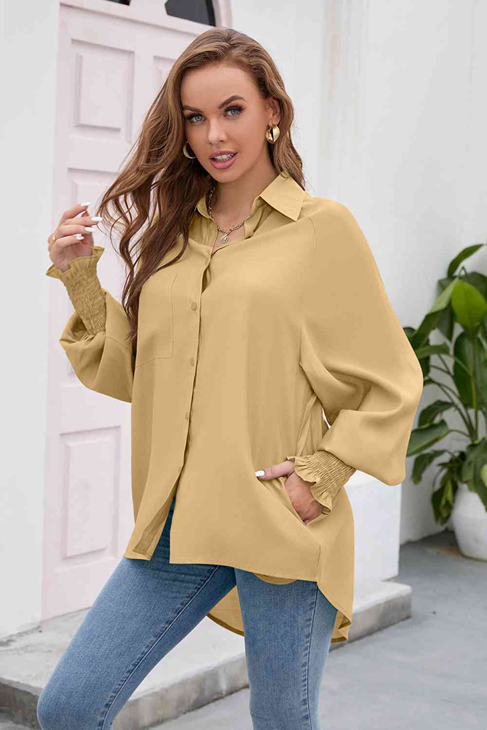 High-Low Collared Neck Lantern Sleeve Shirt king-general-store-5710.myshopify.com