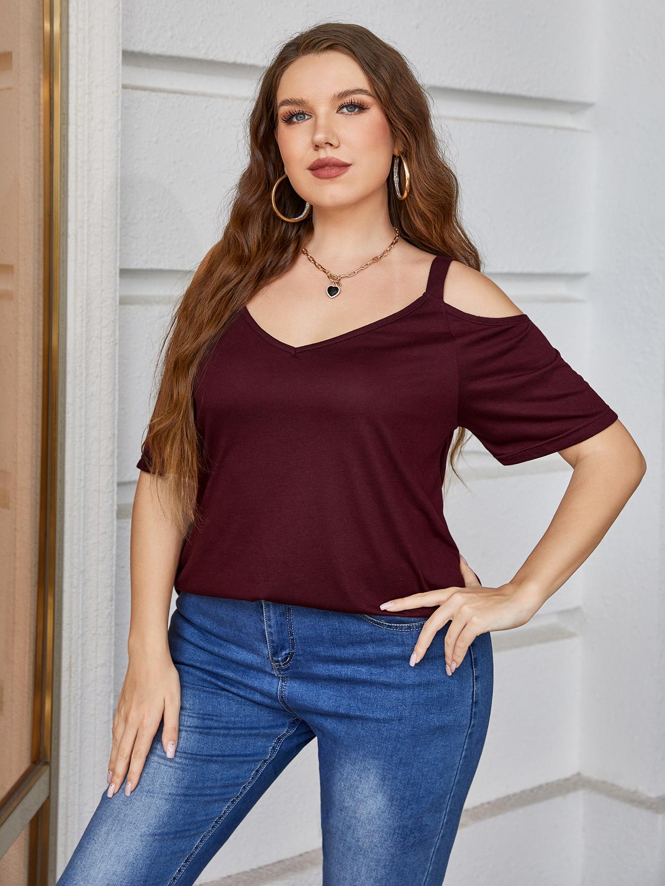 Plus Size V-Neck Cold-Shoulder Blouse king-general-store-5710.myshopify.com