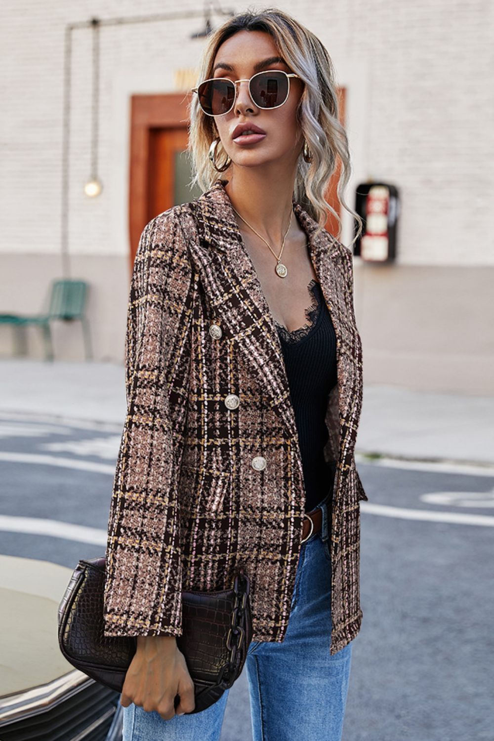 Full Size Plaid Buttoned Blazer king-general-store-5710.myshopify.com