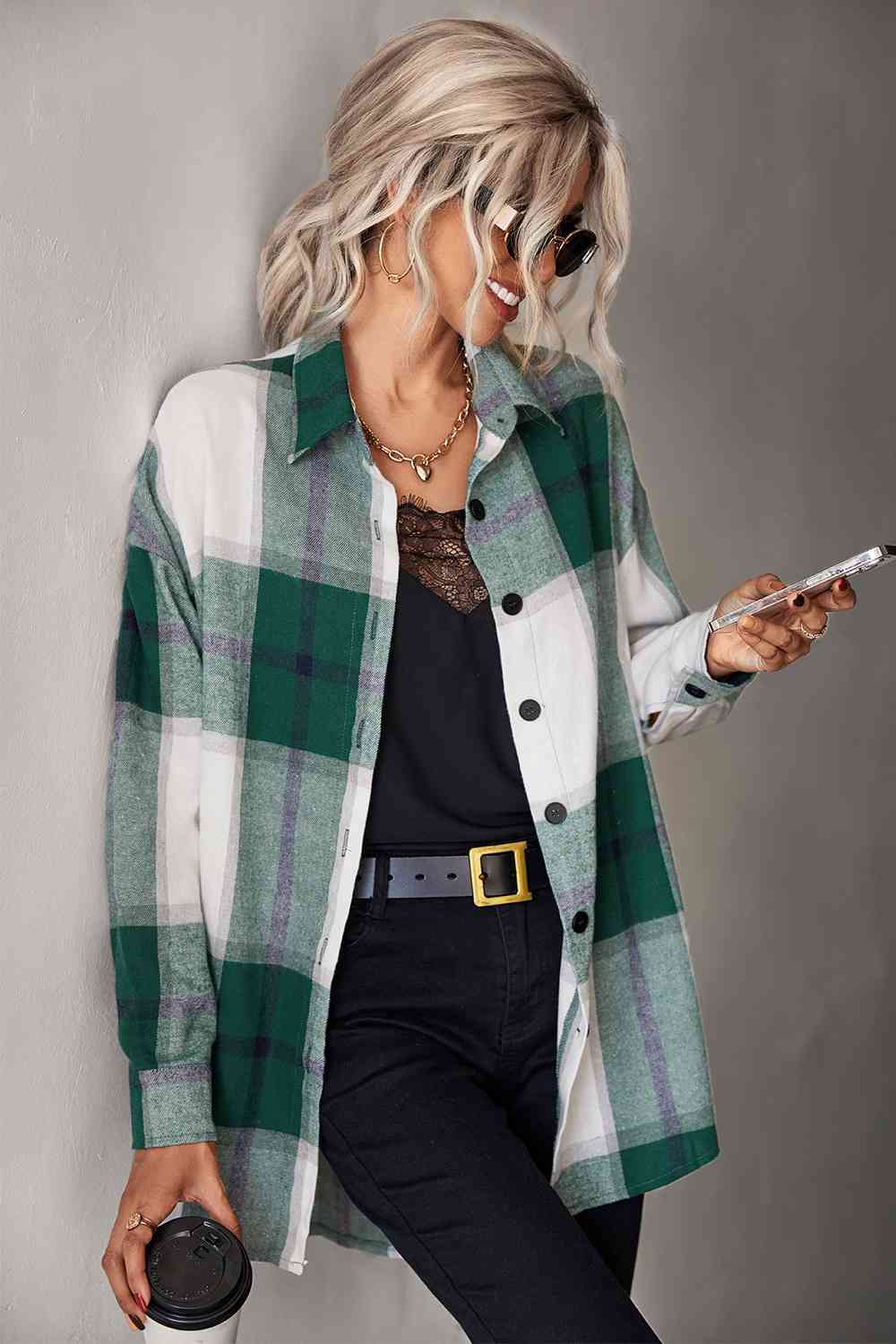 Plaid Collared Neck Longline Shirt king-general-store-5710.myshopify.com