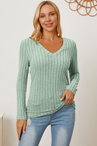 Basic Bae Full Size Ribbed V-Neck Long Sleeve T-Shirt king-general-store-5710.myshopify.com