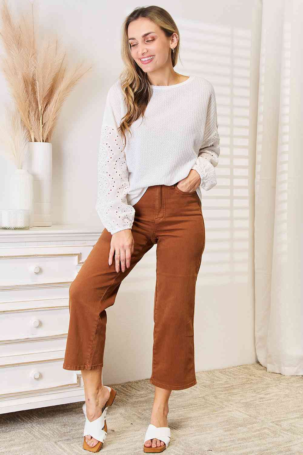 Double Take Eyelet Dropped Shoulder Round Neck Blouse king-general-store-5710.myshopify.com