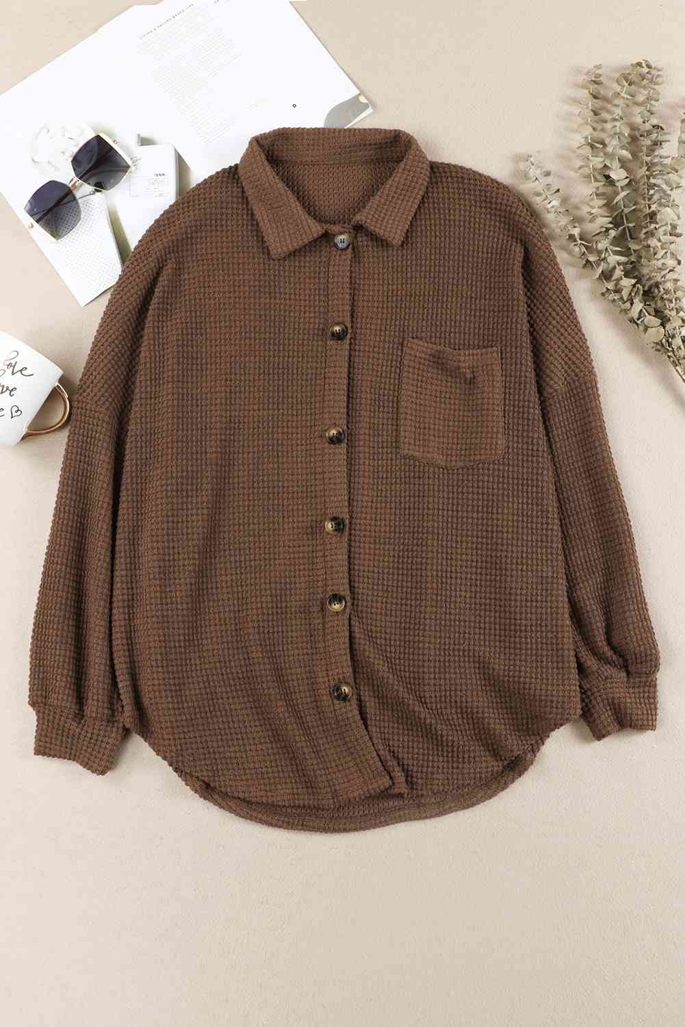 Waffle-Knit Button Up Long Sleeve Shirt with Pocket king-general-store-5710.myshopify.com