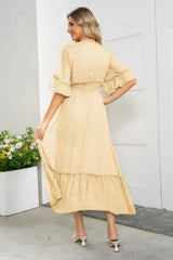V-Neck Flounce Sleeve Smocked Waist High Slit Dress king-general-store-5710.myshopify.com