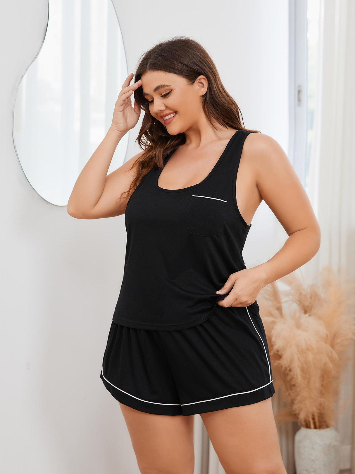 Plus Size Contrast Piping Racerback Tank and Shorts Lounge Set king-general-store-5710.myshopify.com