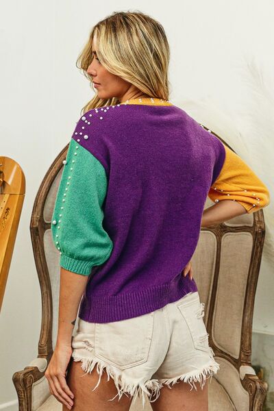 BiBi Color Block Pearl Detail Round Neck Sweater king-general-store-5710.myshopify.com