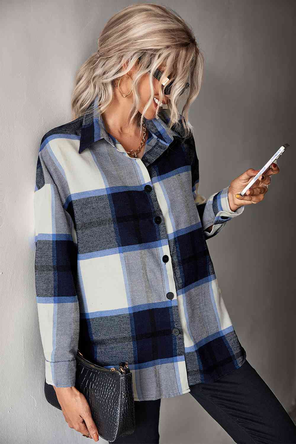 Plaid Collared Neck Longline Shirt king-general-store-5710.myshopify.com