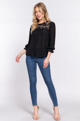 ACTIVE BASIC Crochet Lace Panel Flounce Sleeve Blouse king-general-store-5710.myshopify.com