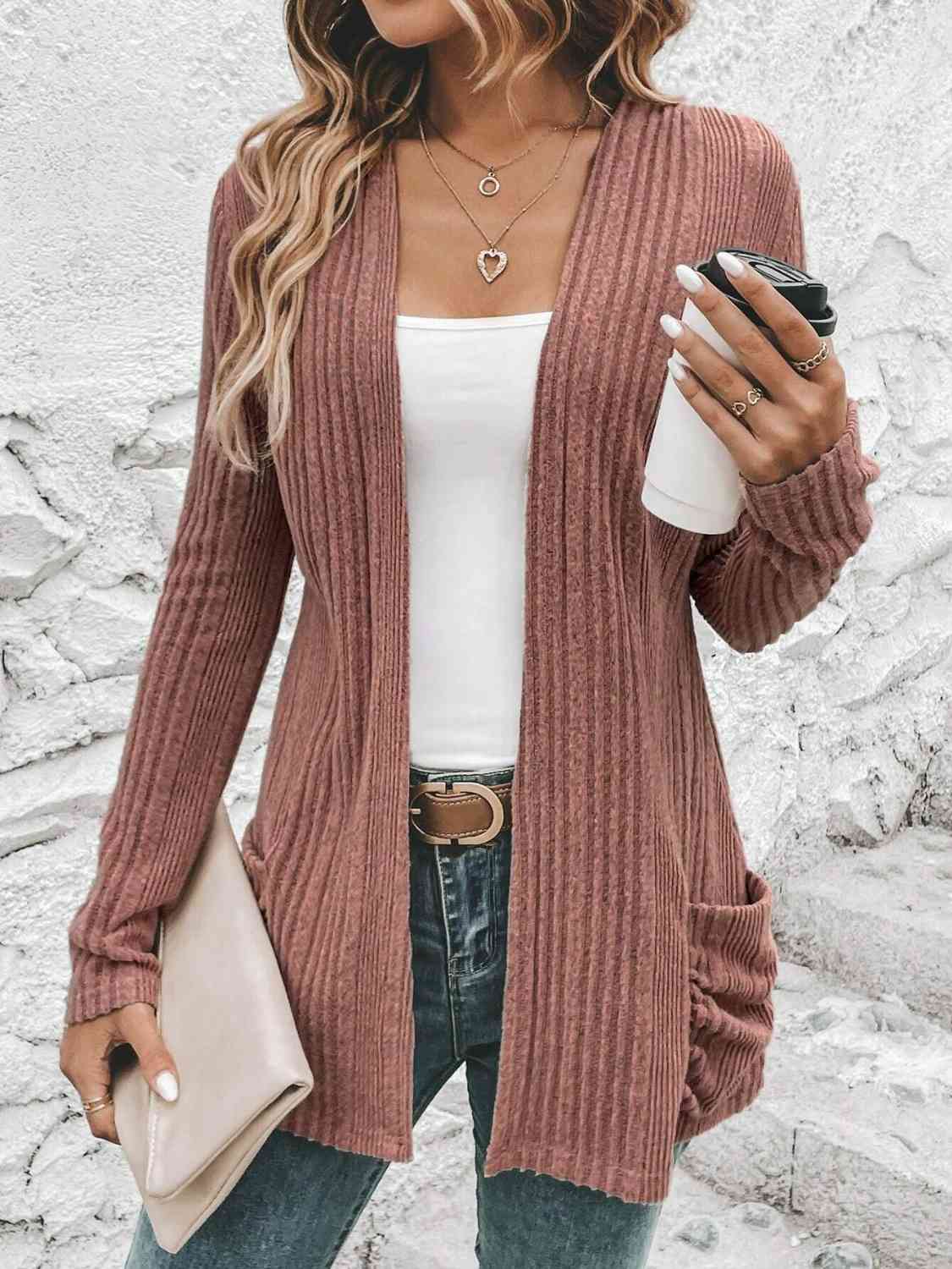 Ribbed Open Front Cardigan with Pockets king-general-store-5710.myshopify.com