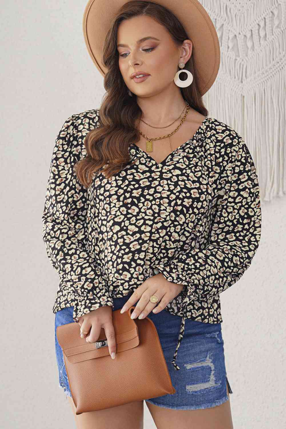 Plus Size Floral Flounce Sleeve Tie-Neck Blouse king-general-store-5710.myshopify.com