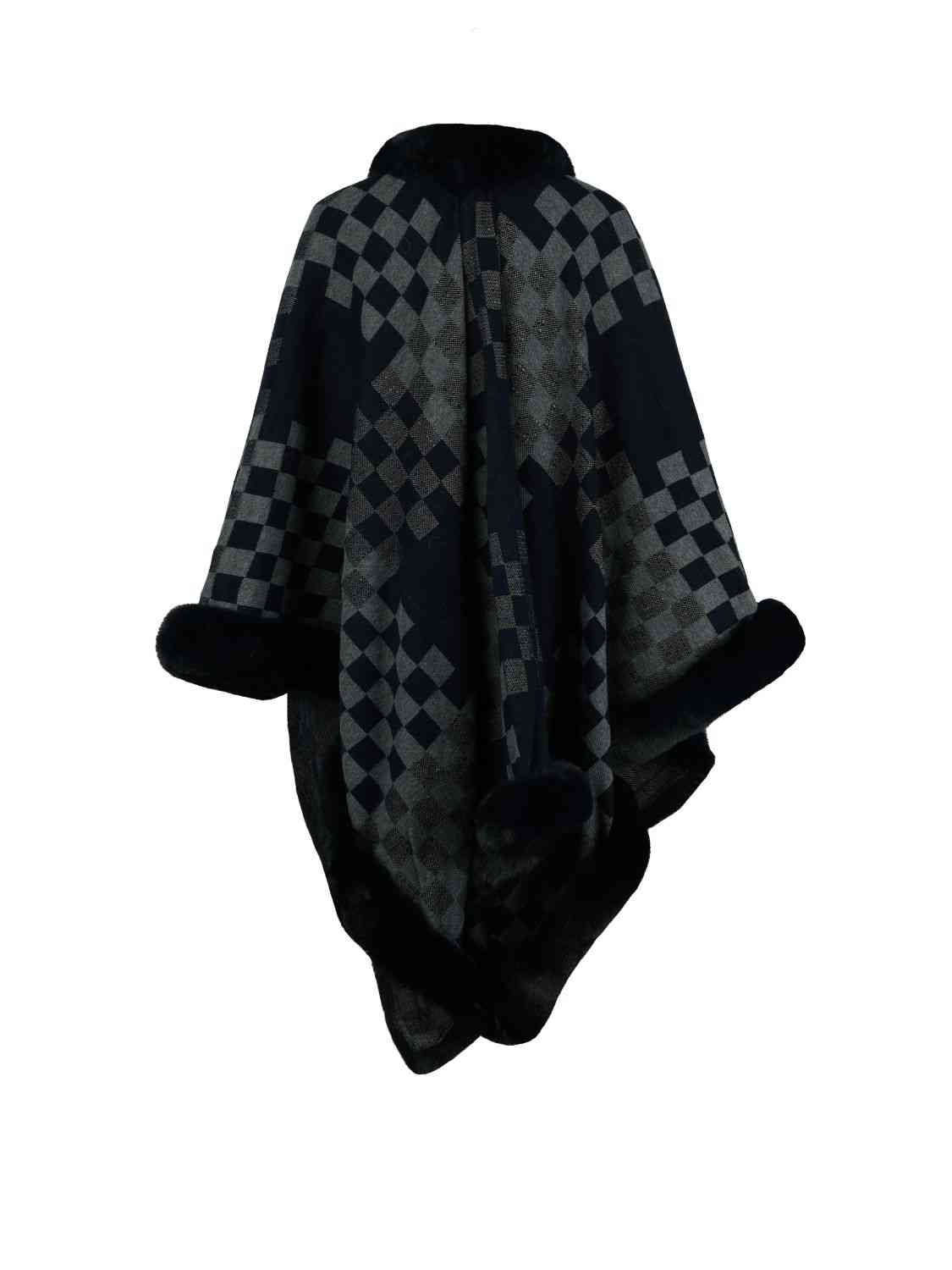 Checkered Faux Fur Trim Poncho king-general-store-5710.myshopify.com