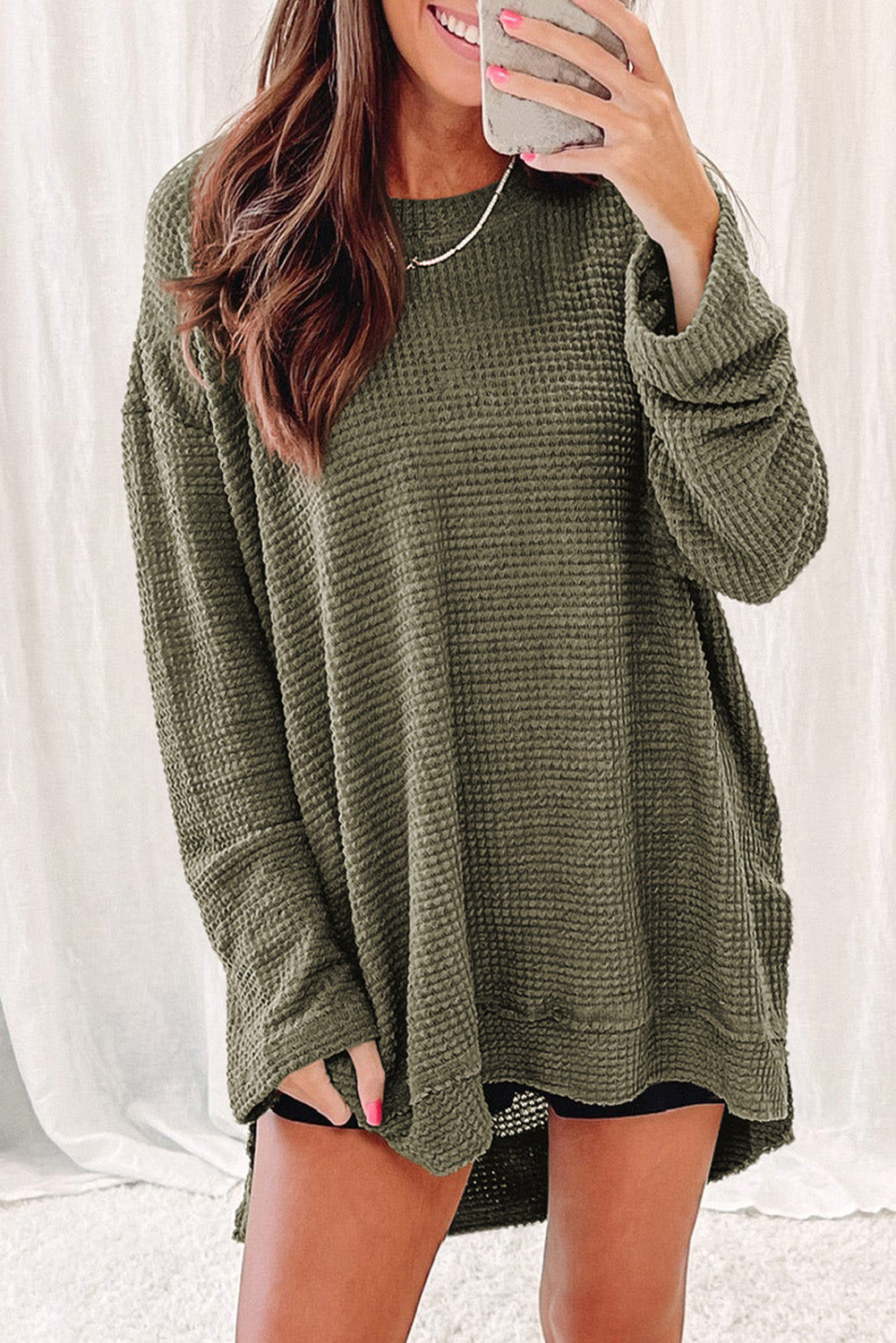 Waffle-Knit Round Neck Long Sleeve Sweatshirt king-general-store-5710.myshopify.com