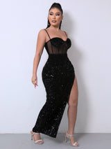 Sequin Spliced Mesh Adjustable Strap Dress king-general-store-5710.myshopify.com