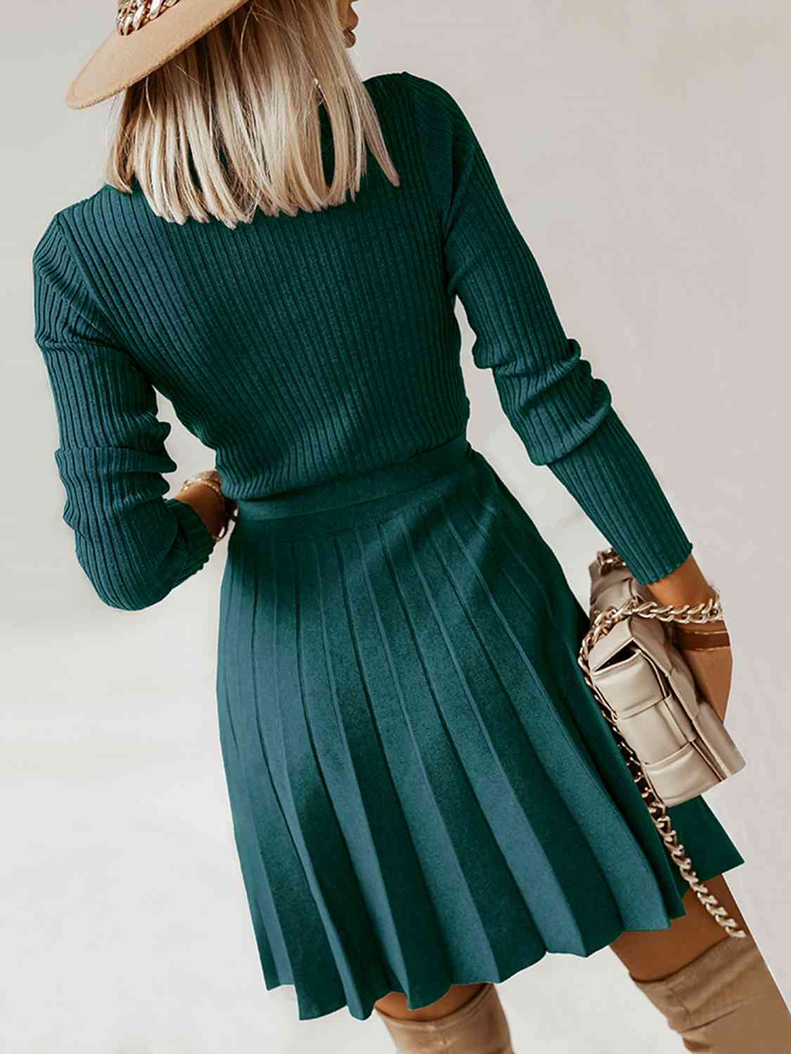 Surplice Neck Tie Front Pleated Sweater Dress king-general-store-5710.myshopify.com