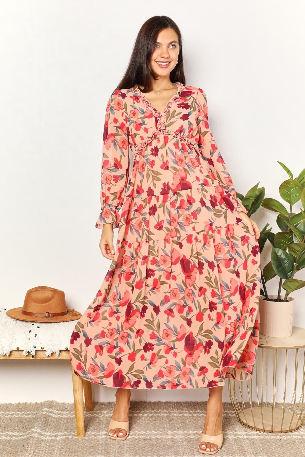 Double Take Floral Frill Trim Flounce Sleeve Plunge Maxi Dress king-general-store-5710.myshopify.com